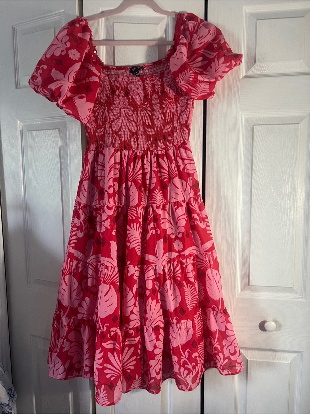 Pink & Red Floral Puff-Sleeve Midi Dress